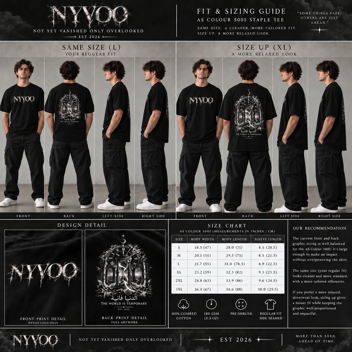 NYVOO Gothic Hourglass Tee — 'The World Is Temporary' Arabic Graphic Shirt