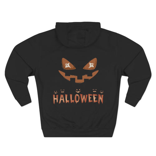 Halloween Three-Panel Fleece Hoodie, Spooky Costume Sweatshirt, Trick or Treat Hooded Pullover, Fall Fashion Outerwear, October Holiday