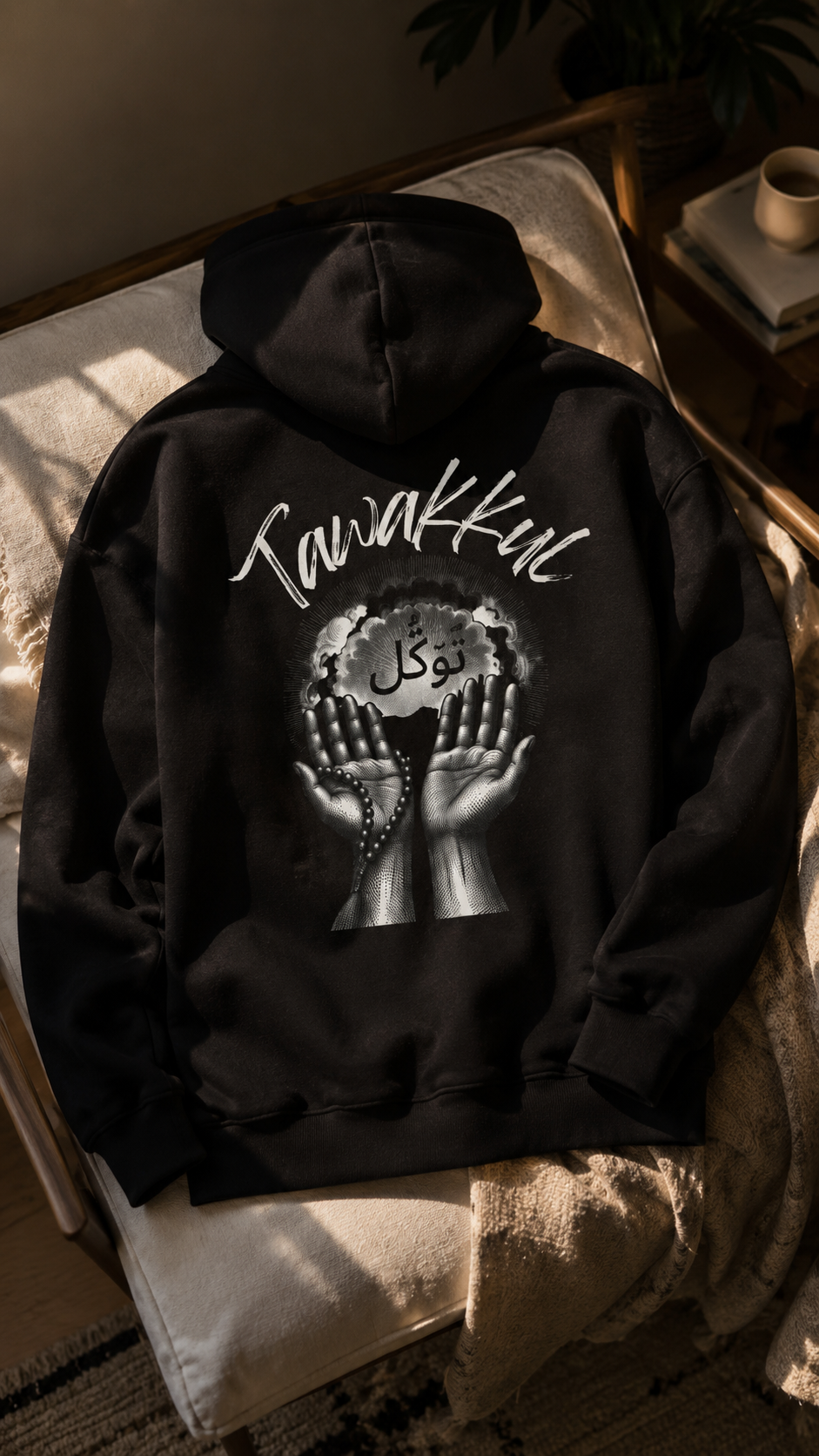 Tawakul Hoodie — Muslim Streetwear Hoodie with Arabic Calligraphy & Bold Back Graphic