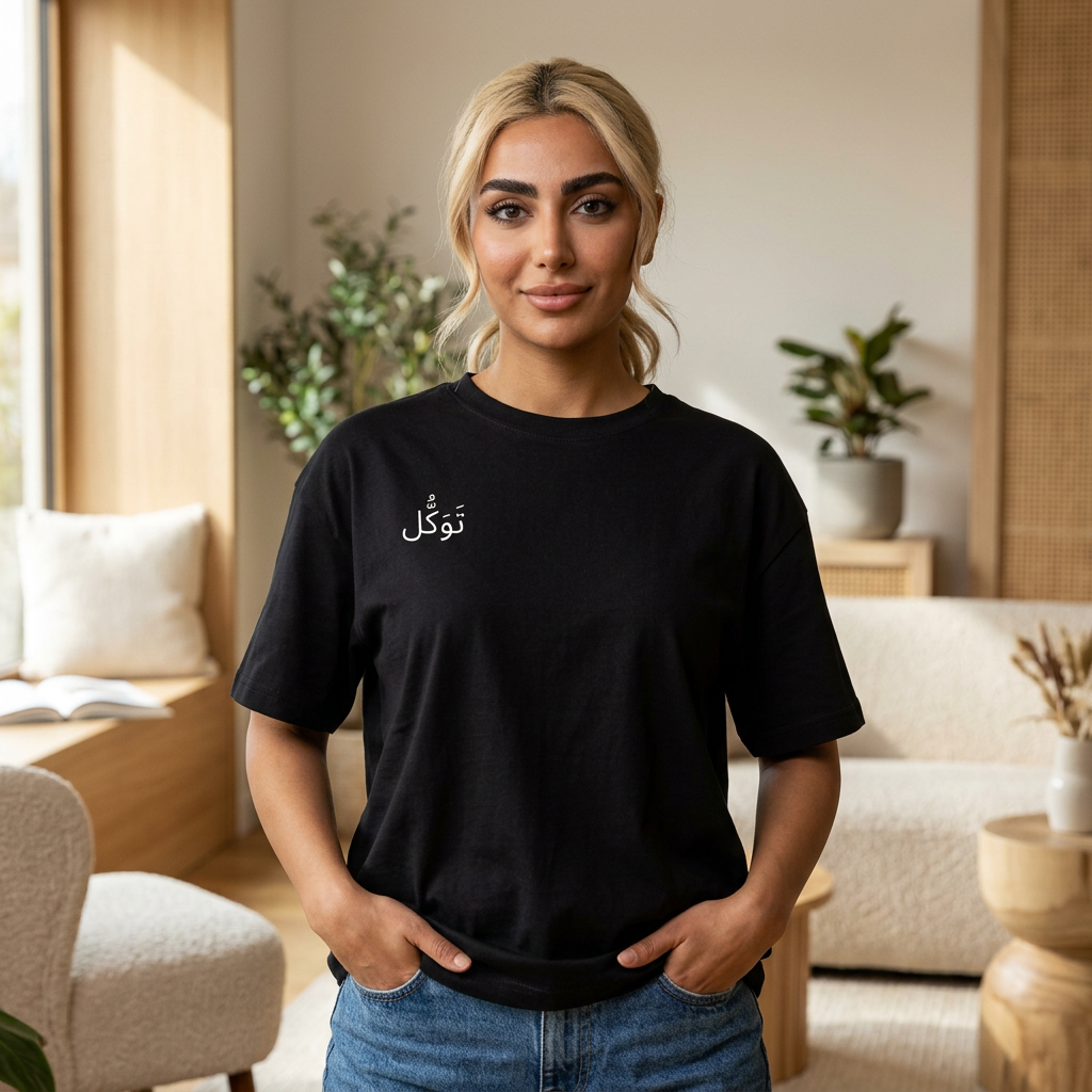 Tawakul Arabic Trust in God Tee — Faith-Inspired Oversized Shirt