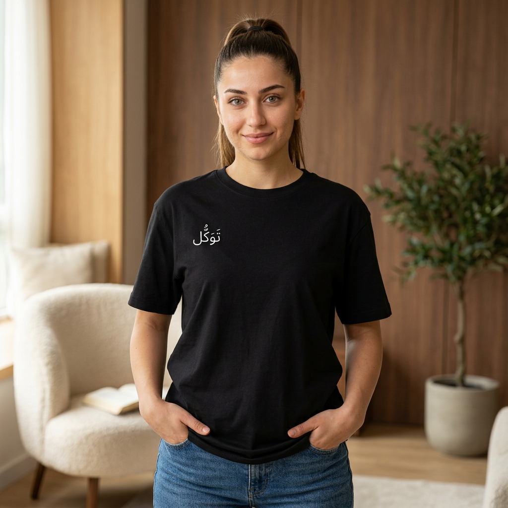 Tawakul Arabic Trust in God Tee — Faith-Inspired Oversized Shirt