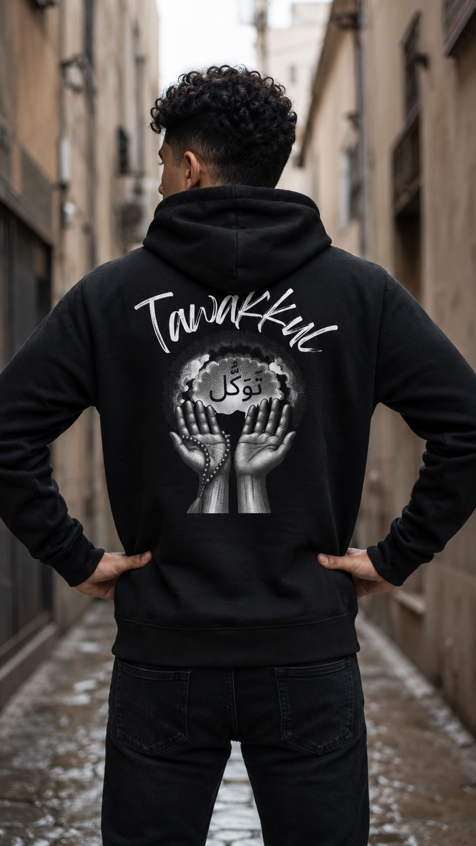 Tawakul Hoodie — Muslim Streetwear Hoodie with Arabic Calligraphy & Bold Back Graphic