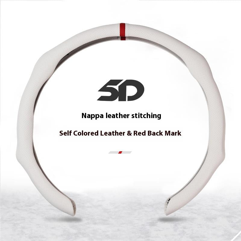 Napa Nappa Leather 15Inch 5D Premium Steering Wheel Cover Ultra-Thin Breathable Anti-Slip Sweat-Resistant Easy Install Universal Fit Enhance Driving Safety Comfort Must-Have Car Essential White