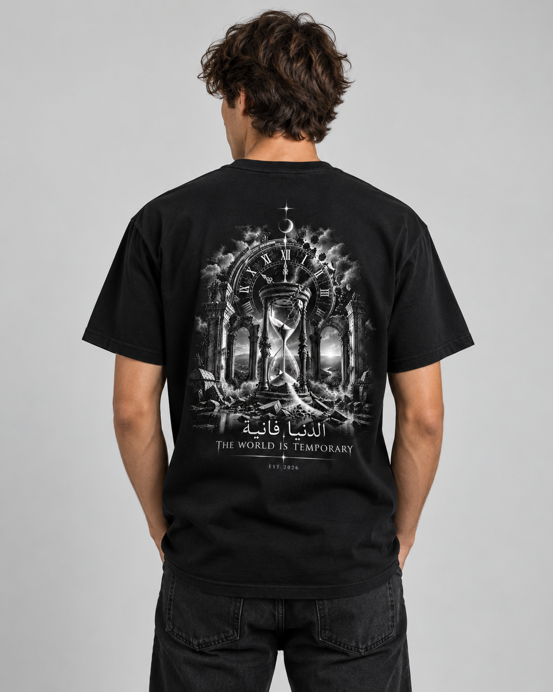 NYVOO Gothic Hourglass Tee — 'The World Is Temporary' Arabic Graphic Shirt