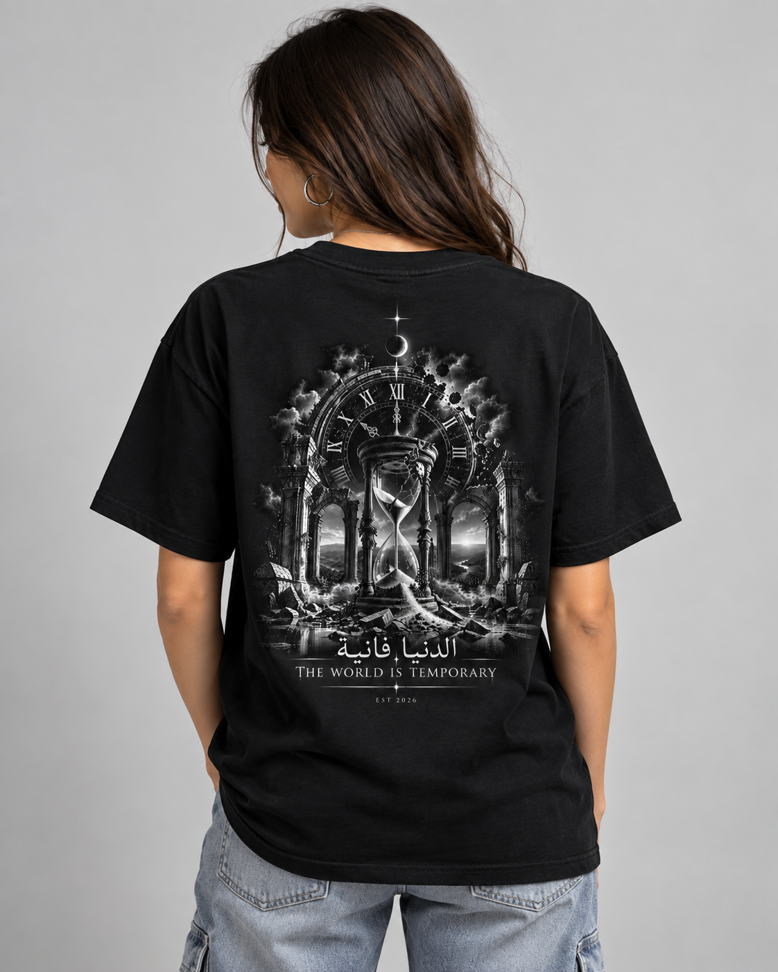 NYVOO Gothic Hourglass Tee — 'The World Is Temporary' Arabic Graphic Shirt