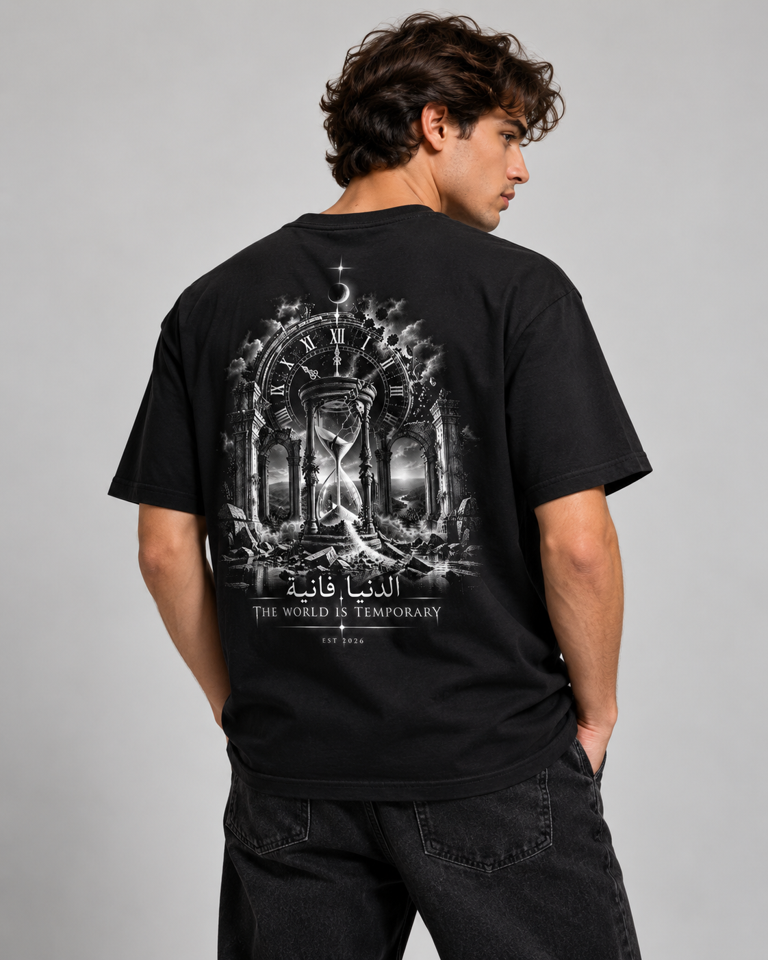NYVOO Gothic Hourglass Tee — 'The World Is Temporary' Arabic Graphic Shirt