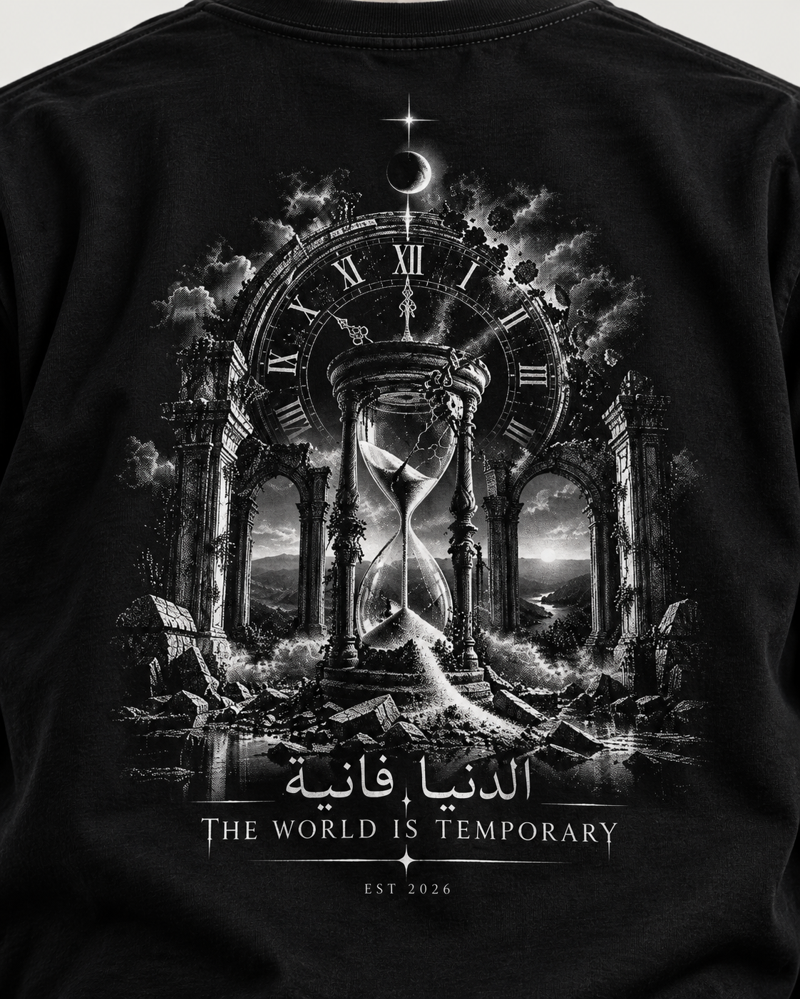 NYVOO Gothic Hourglass Tee — 'The World Is Temporary' Arabic Graphic Shirt