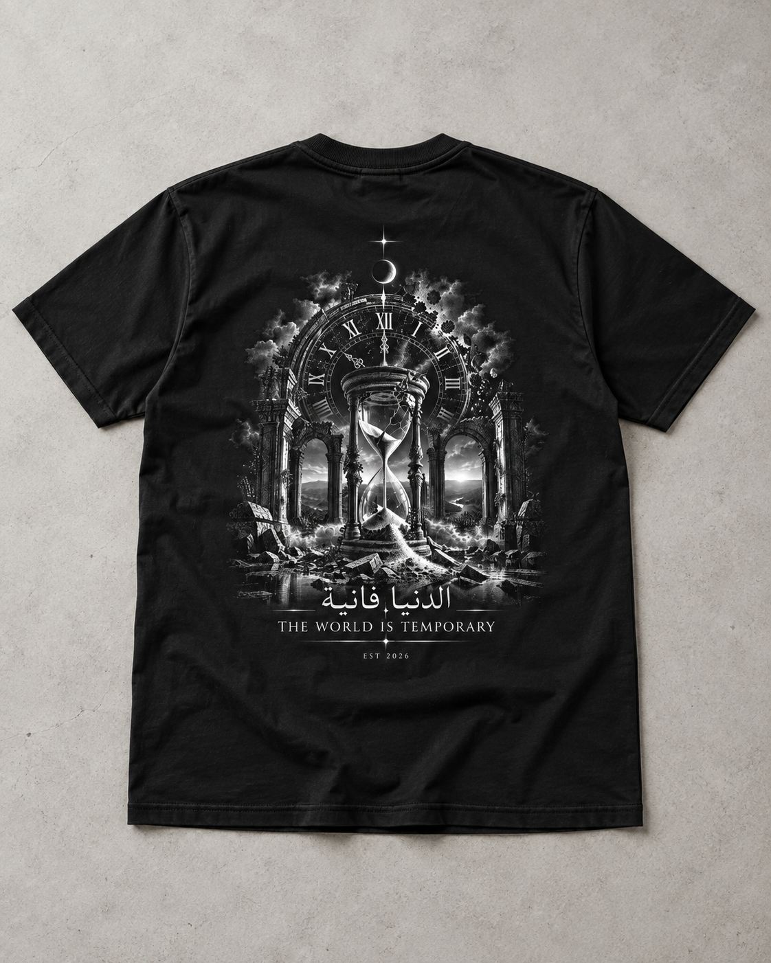 NYVOO Gothic Hourglass Tee — 'The World Is Temporary' Arabic Graphic Shirt