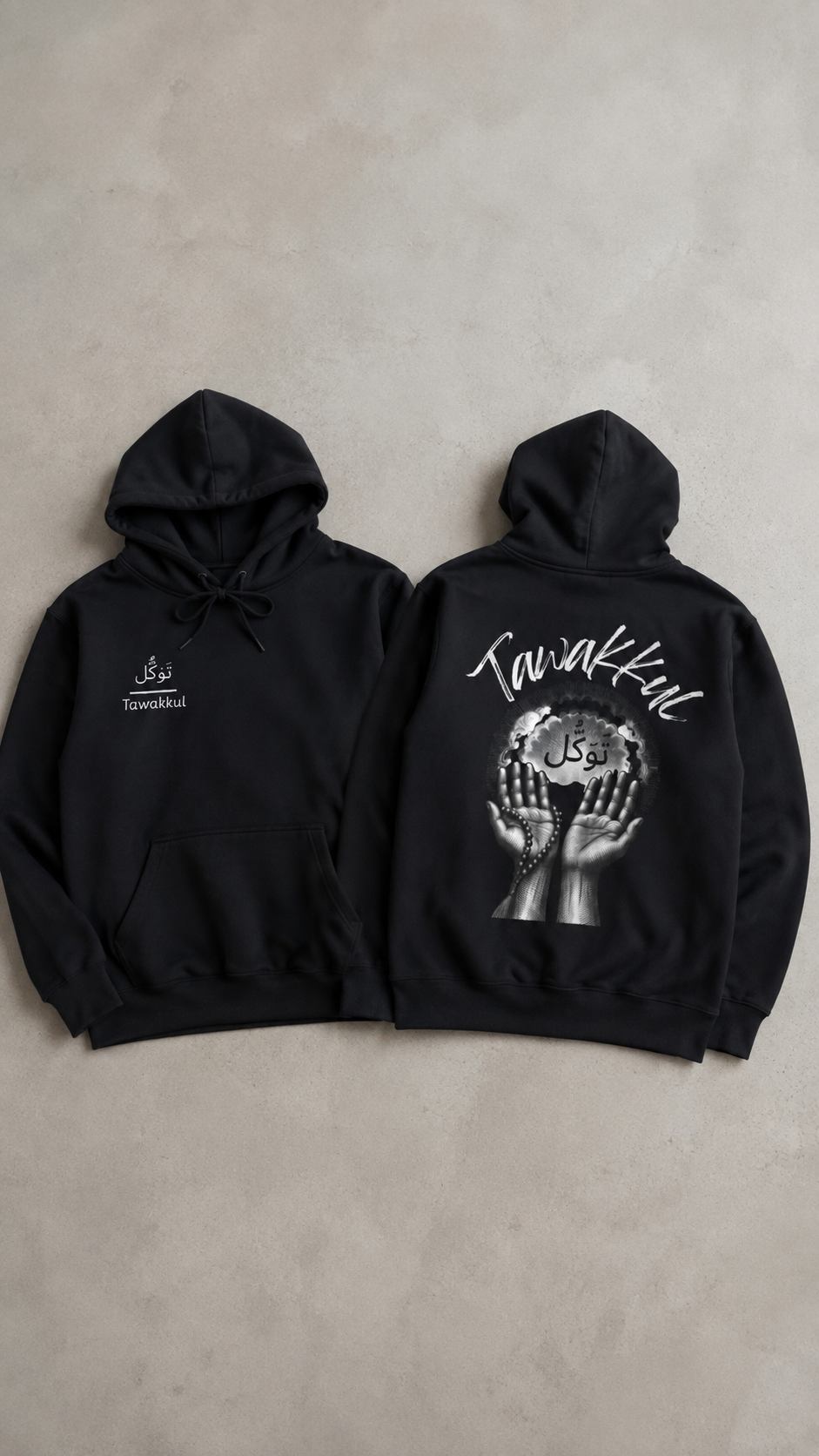 Tawakul Hoodie — Muslim Streetwear Hoodie with Arabic Calligraphy & Bold Back Graphic
