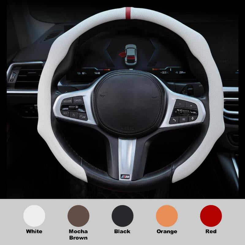 Napa Nappa Leather 15Inch 5D Premium Steering Wheel Cover Ultra-Thin Breathable Anti-Slip Sweat-Resistant Easy Install Universal Fit Enhance Driving Safety Comfort Must-Have Car Essential White