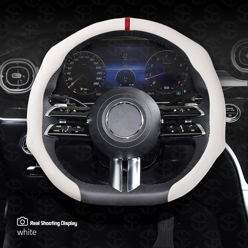 Napa Nappa Leather 15Inch 5D Premium Steering Wheel Cover Ultra-Thin Breathable Anti-Slip Sweat-Resistant Easy Install Universal Fit Enhance Driving Safety Comfort Must-Have Car Essential White