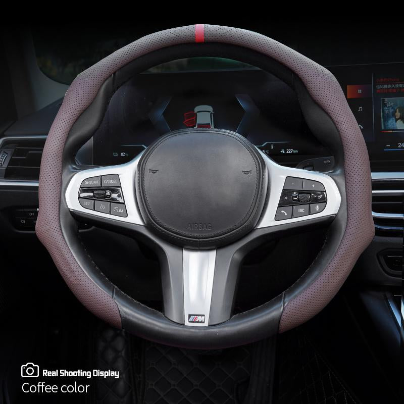 Napa Nappa Leather 15Inch 5D Premium Steering Wheel Cover Ultra-Thin Breathable Anti-Slip Sweat-Resistant Easy Install Universal Fit Enhance Driving Safety Comfort Must-Have Car Essential White