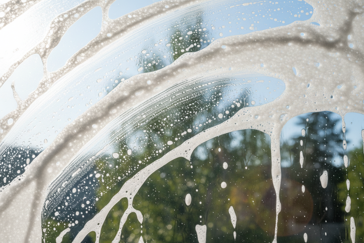 window with soap on it 